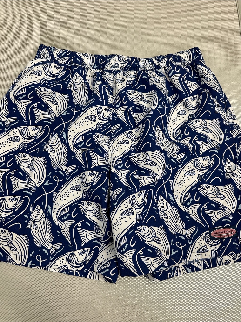 Vineyard Vines Navy and White Fish-Print Swim Trunks